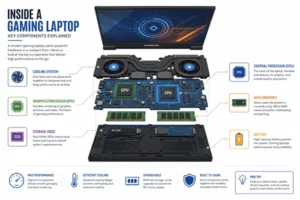 Diagram of gaming laptop GPU, CPU, RAM, and cooling components