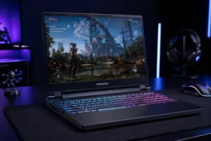 Gaming laptop with RGB backlit keyboard on desk, best overall pick 2026